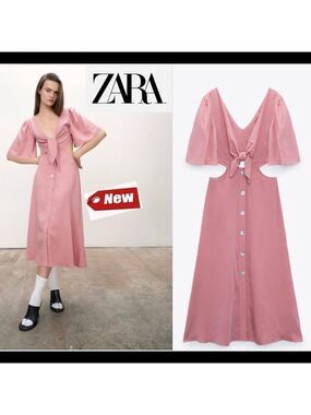 ZARA Pink Cut Out Tied V-neck Front Button Midi Dress Sz XS NWT